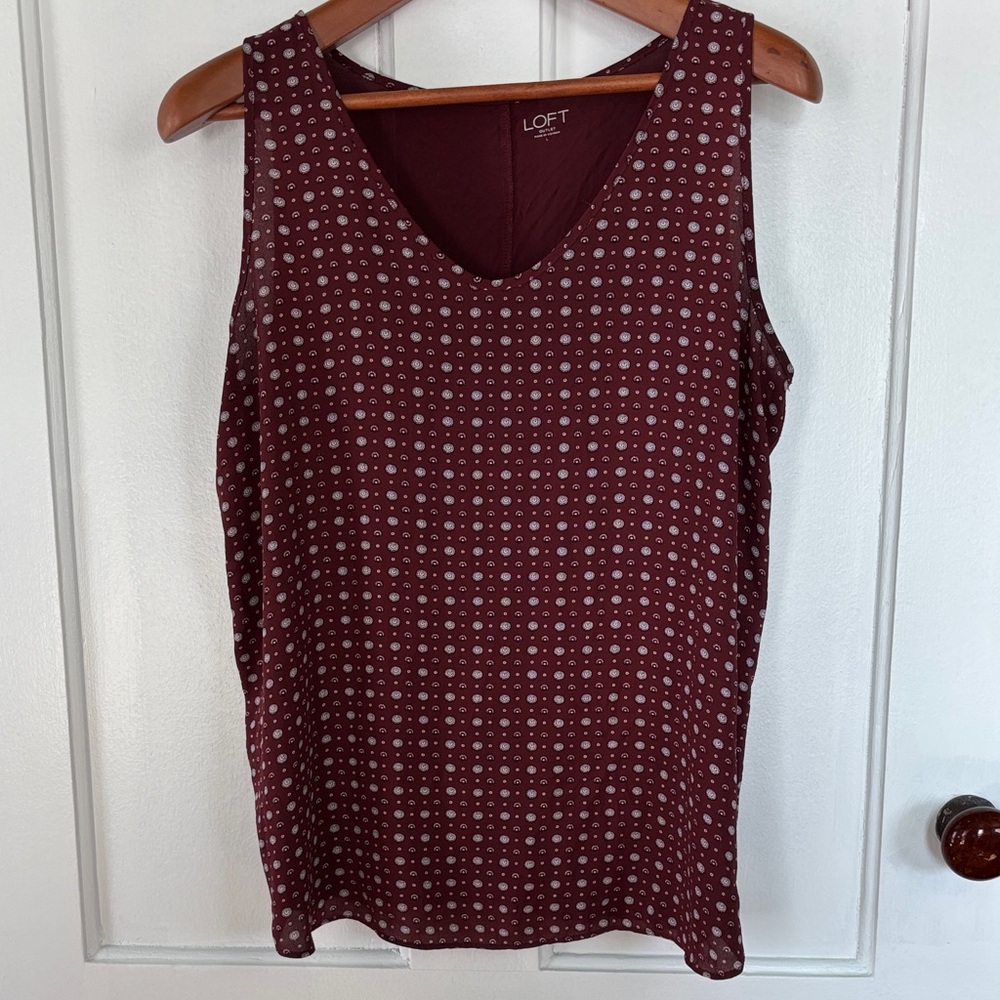 LOFT Maroon and White Polka Dot Tank Top